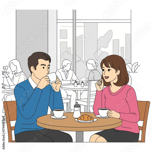 Illustration of a man and woman talking while having coffee and a croissant at a cafe.