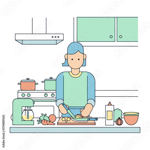 Minimalist line art illustration of a woman with blue hair chopping vegetables in a kitchen.