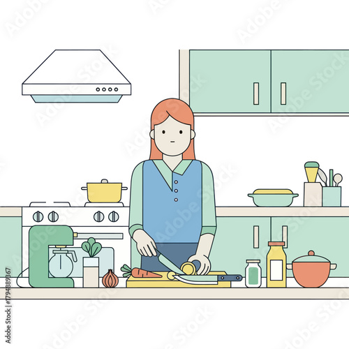 Minimalist line art illustration of a woman chopping fresh vegetables in a modern kitchen.