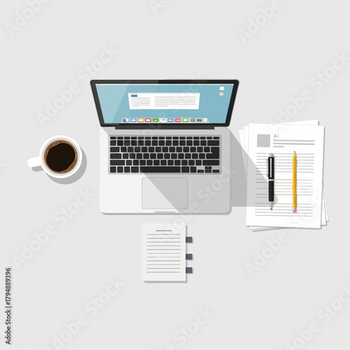 Modern office desk from above with a computer, coffee, pen, pencil, and papers.