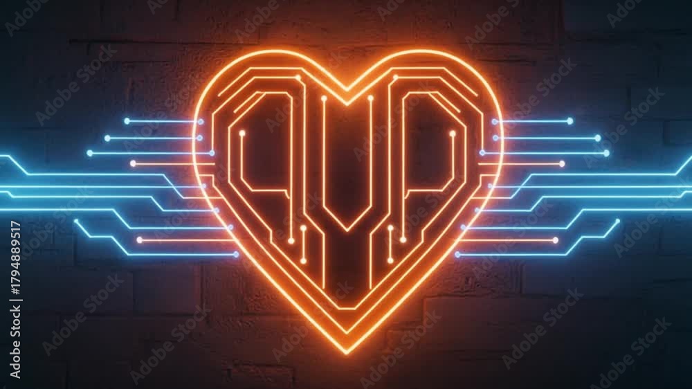 Digital heart circuit board with glowing lines symbolizes technological connection and love. Ideal for themes of AI, love, technology, and futuristic concepts.