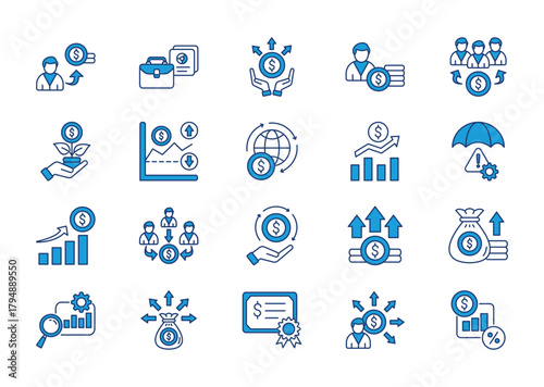 Investment thin blue icon set. Containing investor, portfolio, asset, venture capital, dividend, investment, volatility, economy, stock, risk management. Vector illustration