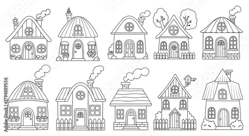 Ten cartoon houses with different designs in black and white outline
