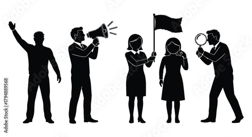 Silhouettes of people with flag megaphone and magnifying glass tools