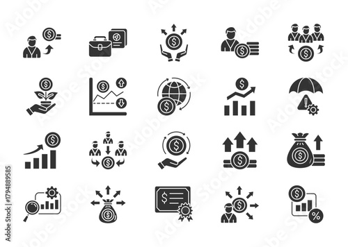 Investment thin glyph icon set. Containing investor, portfolio, asset, venture capital, dividend, investment, volatility, economy, stock, risk management. Vector illustration