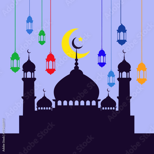 Vector illustration of a mosque silhouette with colorful hanging Ramadan lanterns and a crescent moon.