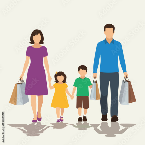 Vector illustration of a family with two children holding hands and carrying shopping bags.