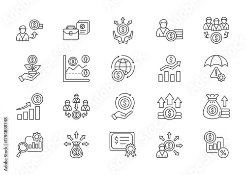 Investment thin line icon set. Containing investor, portfolio, asset, venture capital, dividend, investment, volatility, economy, stock, risk management. Vector illustration