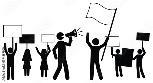Stick figures protesting with signs and a megaphone in black and white