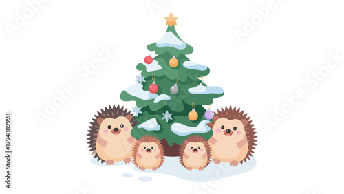 Festive hedgehog family near christmas tree: A charming illustration featuring a hedgehog family standing together near a beautifully decorated christmas tree with snow-covered branches and ornaments.