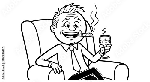 Cartoon man relaxing in chair with cigar and wine in black and white