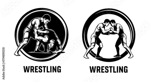 Dynamic Wrestling Logos Featuring Grapplers in Action.