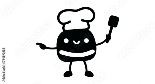 Cartoon chef character holding spatula pointing to the left side view