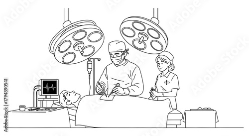 Illustration of a surgical procedure with doctor nurse and patient