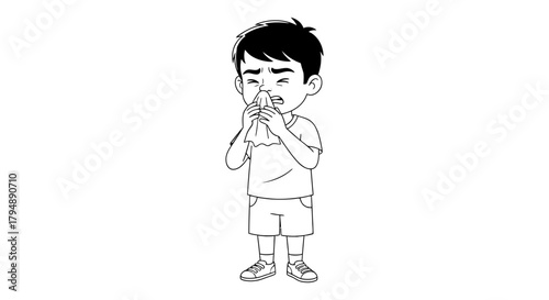 A cartoon boy blowing his nose with a tissue on a white background