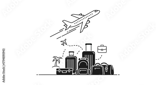 Airplane taking off with luggage and palm tree in line art style