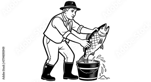 A man in hat placing a large fish into a bucket of water illustration
