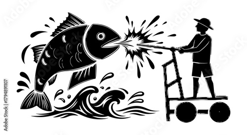 Man on cart spraying water at a colorful fish jumping out of the water