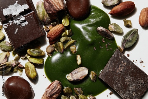 Dark chocolate pieces are scattered with crushed pistachios