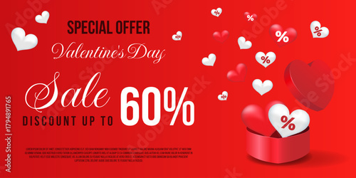 Valentine's Day banner with 60% off, hearts, and typography. Festive vector design for a romantic promotion, poster, or digital marketing campaign.