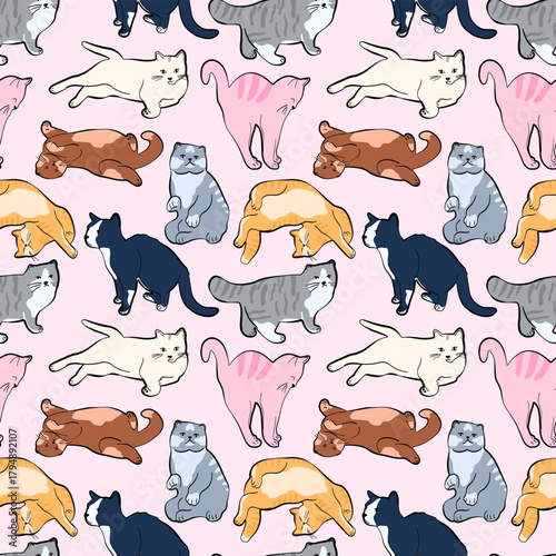 Seamless pattern with cat in different poses on pink background. ideal for stationery, fabric, packaging and cozy pet-themed designs