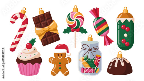 Festive Treats: An array of delightful Christmas sweets and ornaments, candy cane, gingerbread, chocolate and lollipop, cupcake, perfect for holiday season.