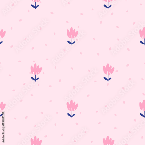 Seamless floral pattern with nordic pink flower on a soft pastel background. Ideal for textile, kids products, stationery and spring designs