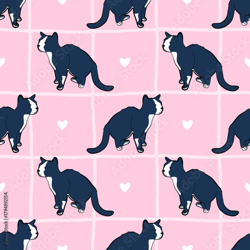 Seamless pattern with cute cat in different poses on checkered gingham pink background. ideal for stationery, fabric, packaging and cozy pet-themed designs