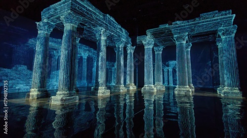 Holographic Ruins Architecture Abstract Ancient temple remnants reconstructed in flickering blue lasers digital archaeology projection