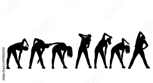 Silhouettes of women performing various stretching exercises.