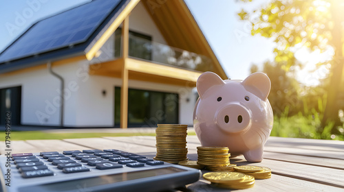 A piggy bank next to a calculator and stacks of gold coins against the backdrop of a modern private home with solar panels on the roof on a sunny day