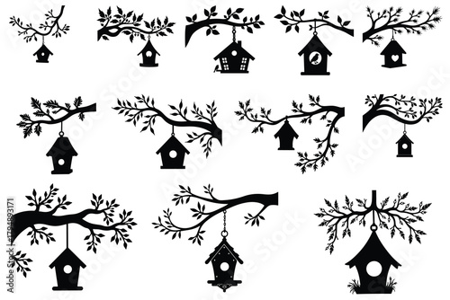 Black silhouette birdhouses hanging from leafy branches