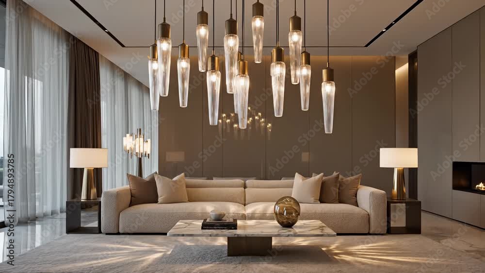 Cozy modern living room setting with plush couch, coffee table, lamps, and crackling fireplace, capturing the essence of relaxation, family bonding, and effortless modernity.