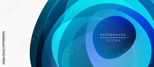 Abstract blue layers create circular design. Gradient shades evoke depth, modern aesthetic. Text reads background design.