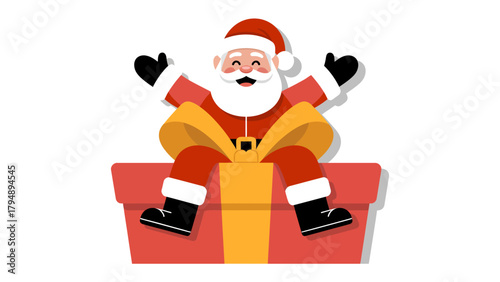 Santa's Gift of Joy: Santa Claus emerges joyfully from a vibrant gift box, adorned with a golden ribbon, bringing the spirit of Christmas.