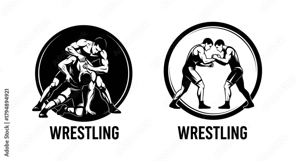 Fototapeta premium Two distinct wrestling logos showcasing dynamic grappling and standing stances.
