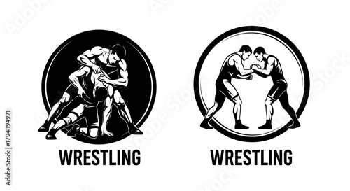Two distinct wrestling logos showcasing dynamic grappling and standing stances.