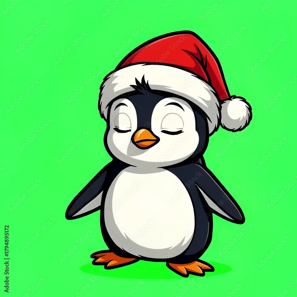 Penguin wearing a Santa hat. Christmas. New Year. Green background. Animation. 4K. chroma-key