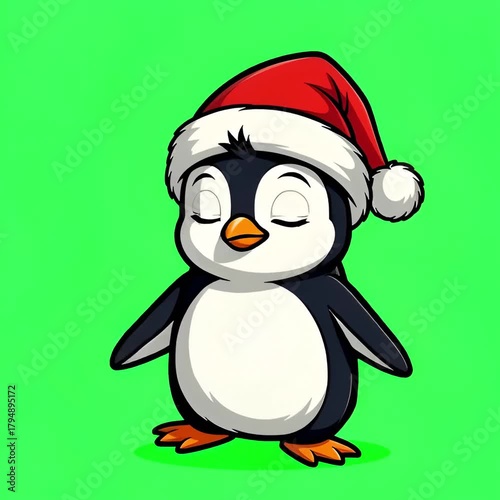 Penguin wearing a Santa hat. Christmas. New Year. Green background. Animation. 4K. chroma-key