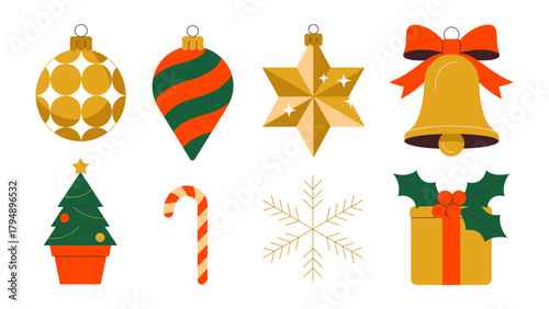 Festive Ornaments: A vibrant collection of Christmas ornaments, including baubles, bells, a star, and a miniature tree, perfectly capturing the spirit of the holiday season.