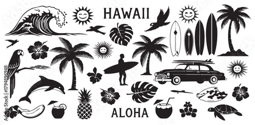 Hawaiian Island Icons: A collection of meticulously crafted silhouettes that represent the essence of Hawaii, showcasing the allure of surf, sun, and sand, perfect for various design projects