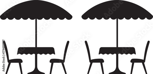 Two outdoor cafe tables with chairs and umbrellas silhouette isolated on transparent background