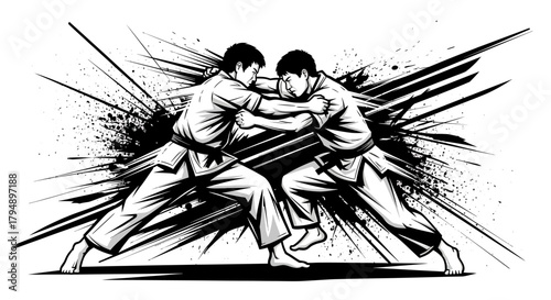 Two martial artists engaged in a dynamic combat pose.