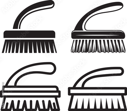 Four different cleaning brush silhouettes in black and white isolated on transparent background