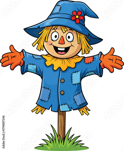 Friendly cartoon scarecrow with outstretched arms wearing a blue hat and jacket isolated on transparent background silhouette