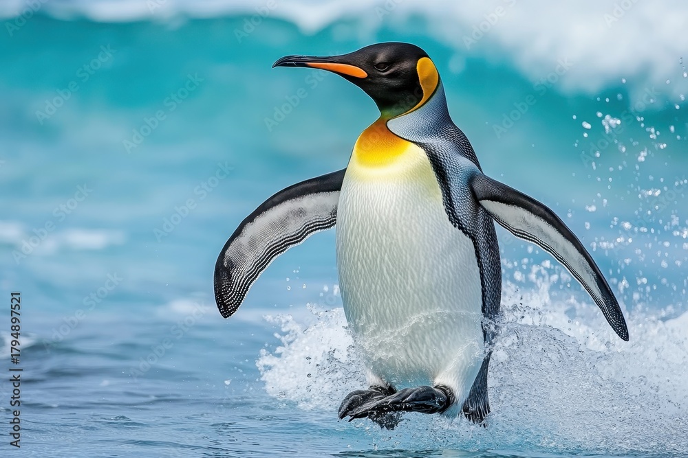 Fototapeta premium Wild bird in the water. Big King penguin jumps out of the blue water after swimming through the ocean in Falkland Island. Wildlife scene from nature. Funny image from the ...