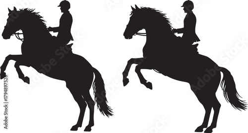 Two black horse and rider silhouettes in rearing poses isolated on transparent background