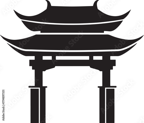 Traditional asian torii gate silhouette with curved roofs isolated on transparent background