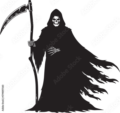 Grim reaper silhouette with scythe isolated on transparent background