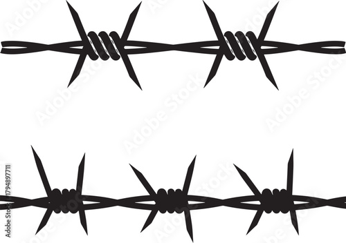Two horizontal segments of sharp barbed wire in a stark black silhouette isolated on transparent background